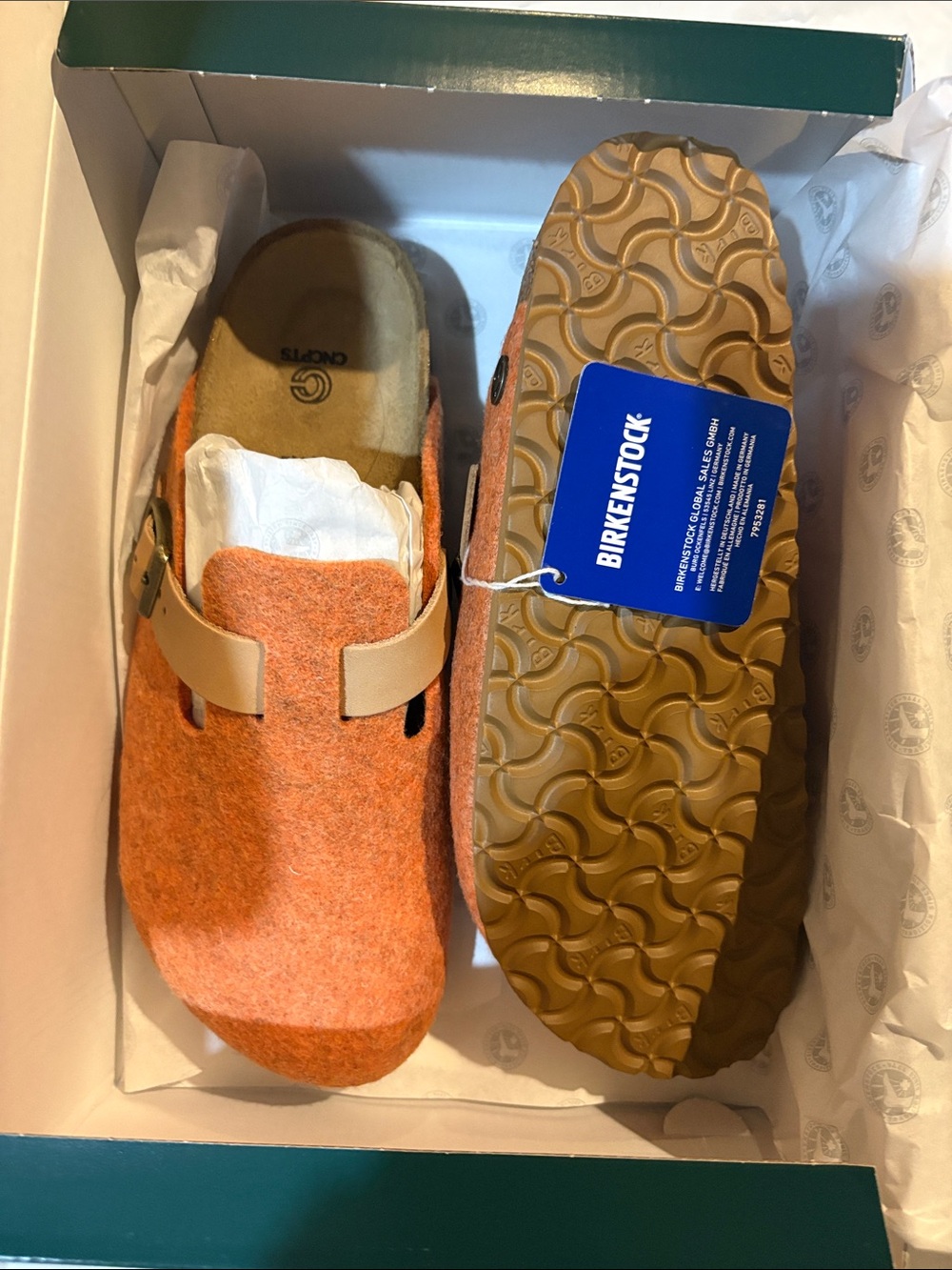 Birkenstock Orange Felt Mule with Tan Strap - Picture 4 of 4